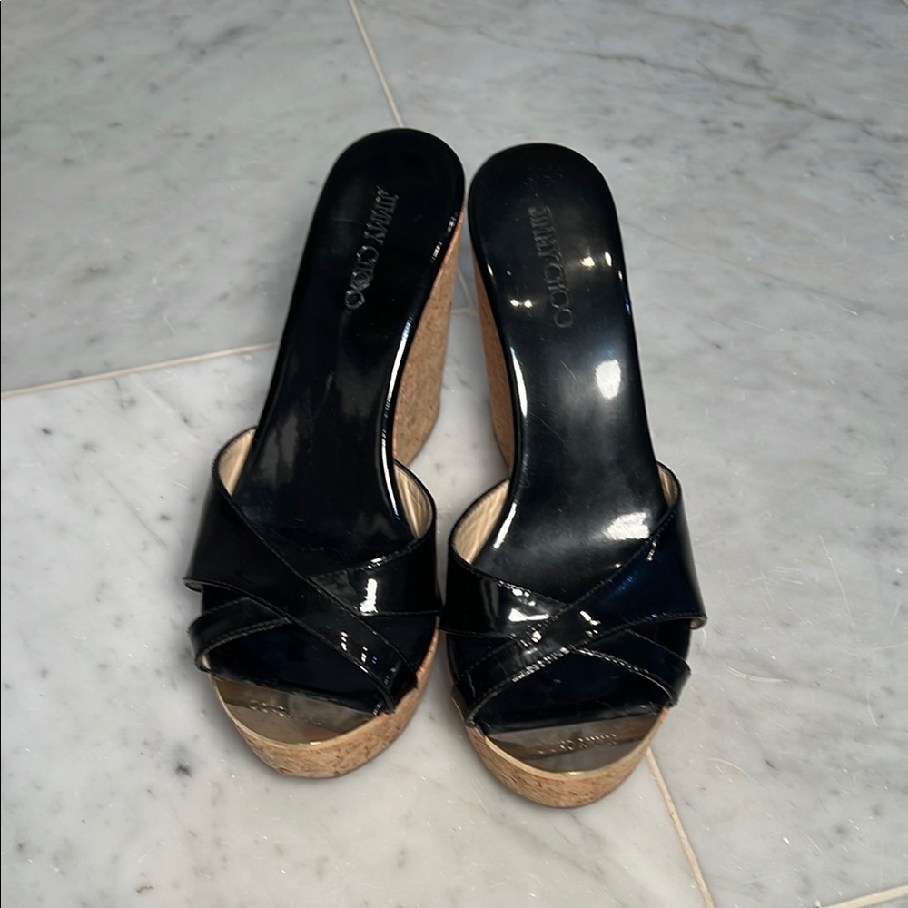 Black Patent Leather Wedge Sandals